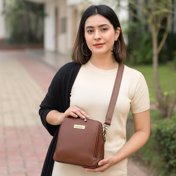 Brown Genuine Leather Ladies Crossbody Bag - Sling Purse for Women- Daily Use - Picture 2 of 9